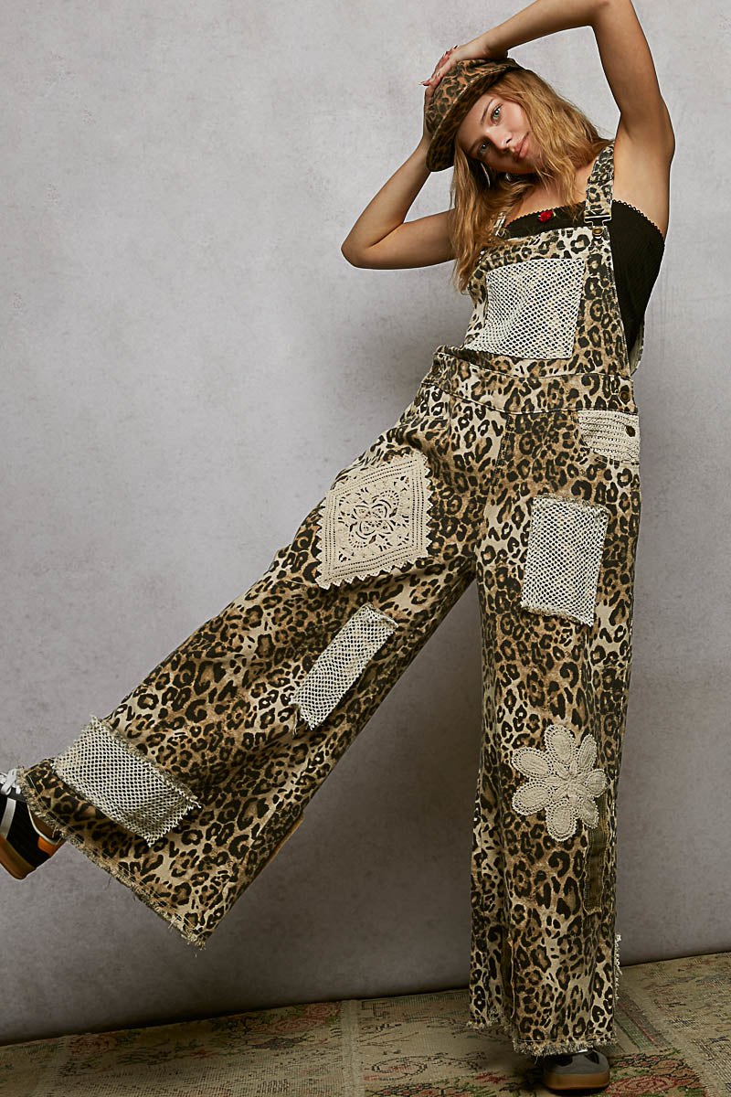 P27 POL Leopard Patchwork Denim Overalls