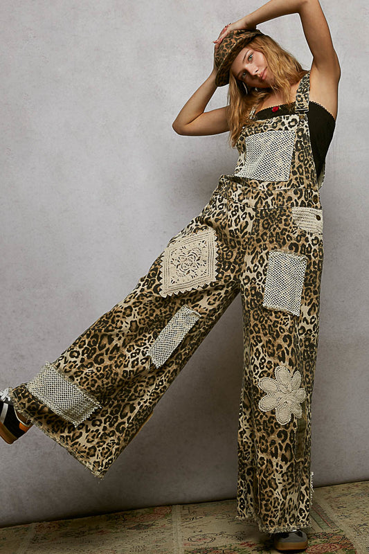 P27 POL Leopard Patchwork Denim Overalls