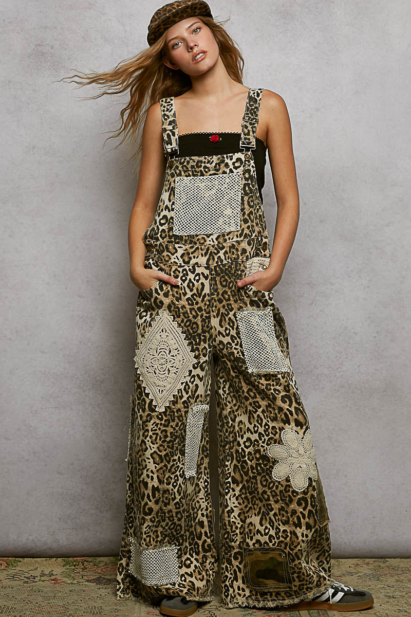 P27 POL Leopard Patchwork Denim Overalls