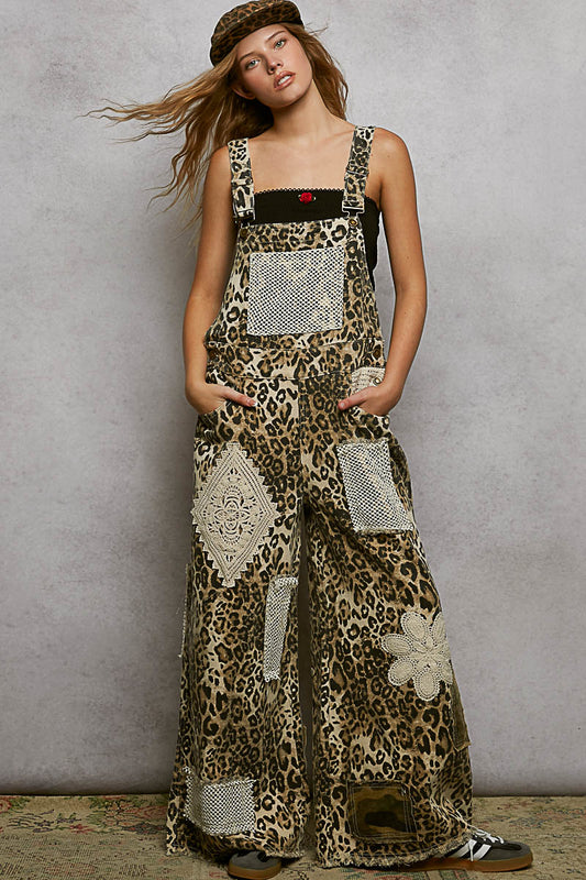 P27 POL Leopard Patchwork Denim Overalls