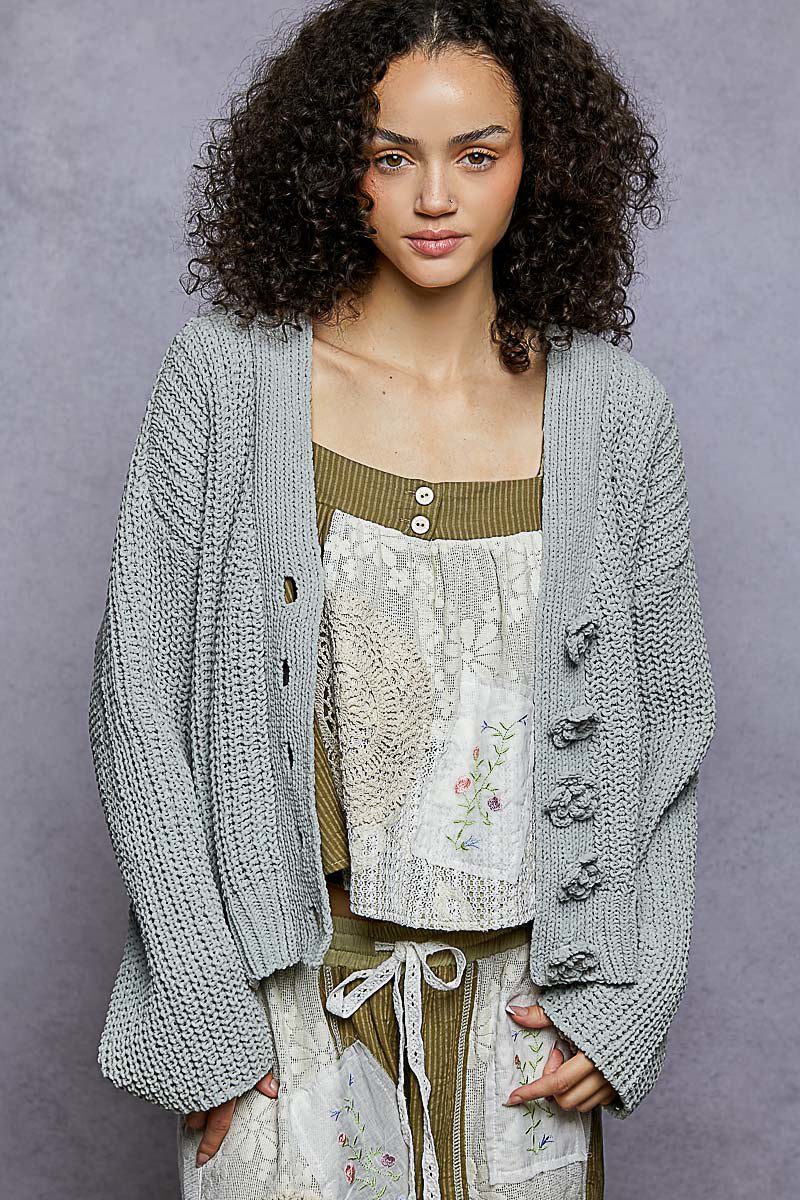 P29 POL Chenille Gray Sweater with Flower buttons