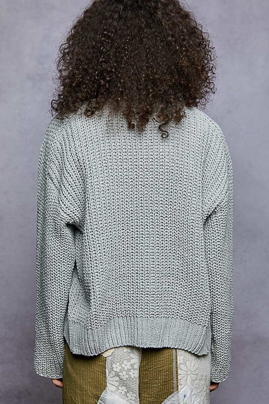 P29 POL Chenille Gray Sweater with Flower buttons