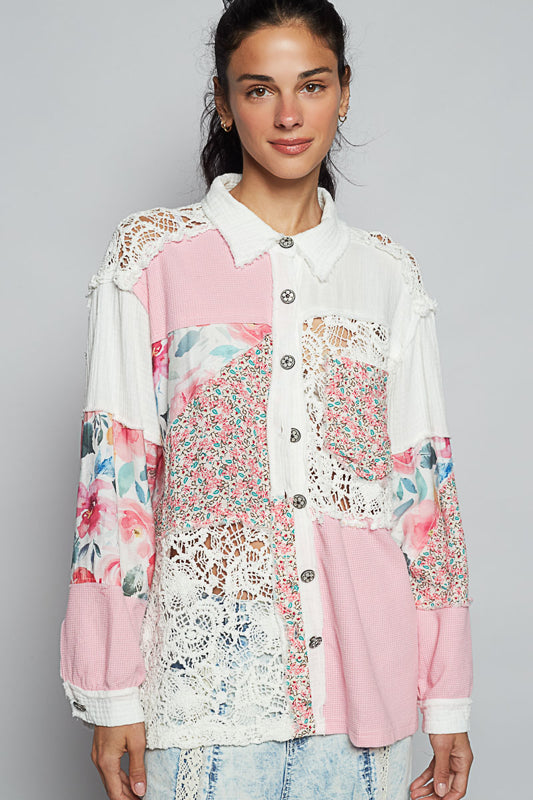 P3 POL Pink and Ivory Multi Floral Patchwork Lace Button-Up Top