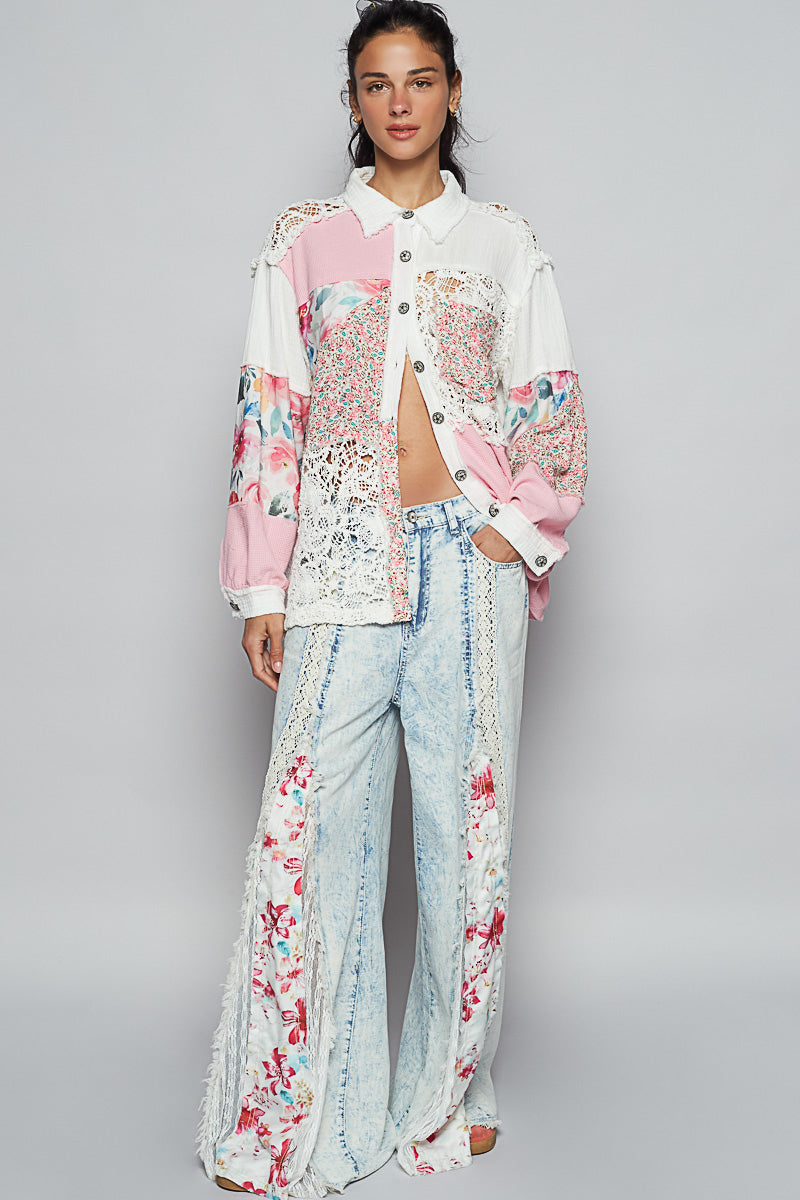 P3 POL Pink and Ivory Multi Floral Patchwork Lace Button-Up Top