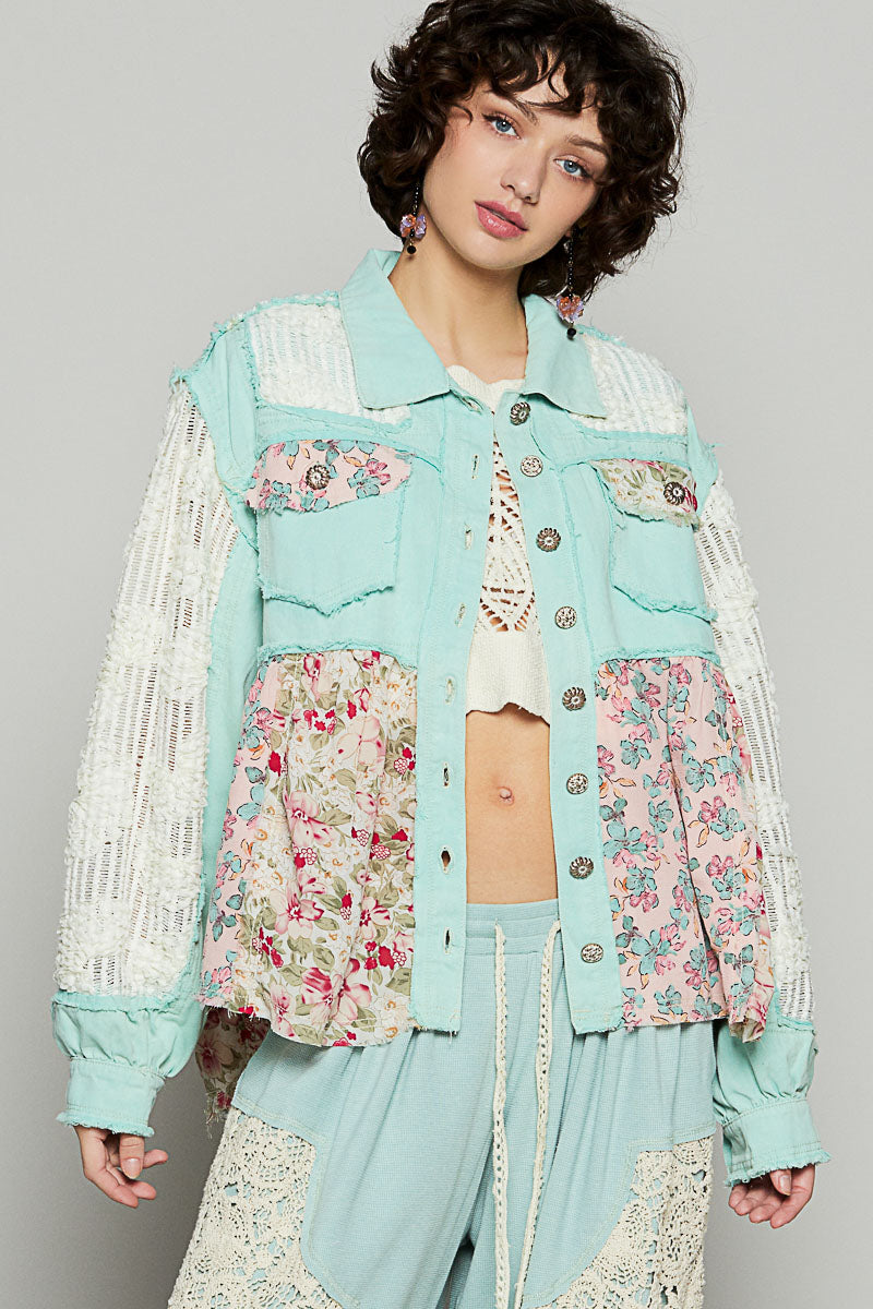 P6 POL Jacket Paradise Mint Balloon Sleeve Lace Floral Crocheted Details