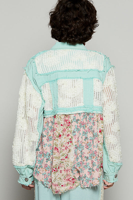 P6 POL Jacket Paradise Mint Balloon Sleeve Lace Floral Crocheted Details