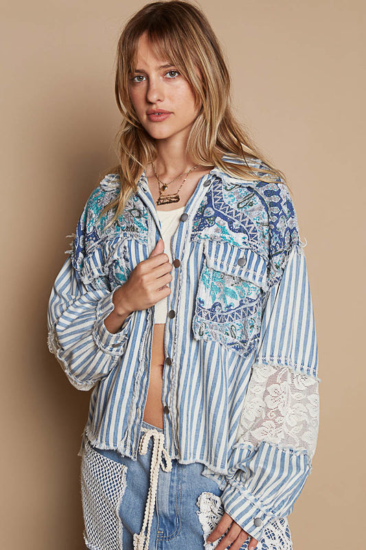 P7 POL Mixed Print & Denim Shacket in Striped Blue Multi