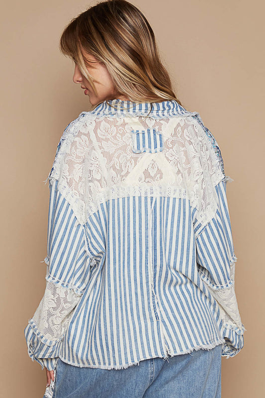 P7 POL Mixed Print & Denim Shacket in Striped Blue Multi