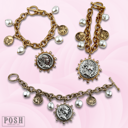 Coin and pearl bead charm bracelet