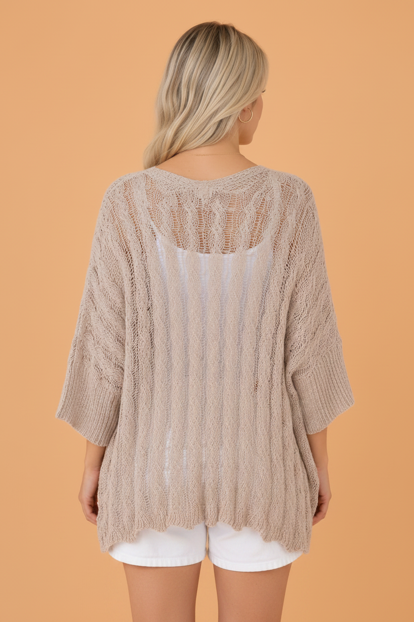 Solid Hollowed Knit Drop Shoulder Open Cardigan