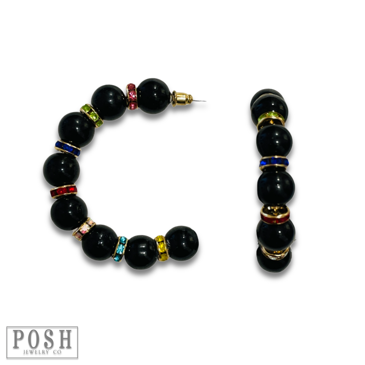 Black bead and rhinestone hoop earring, last call
