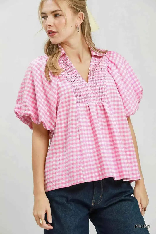 Peony Pink Smocked Yoke Puff Sleeve Gingham Blouse by Umgee