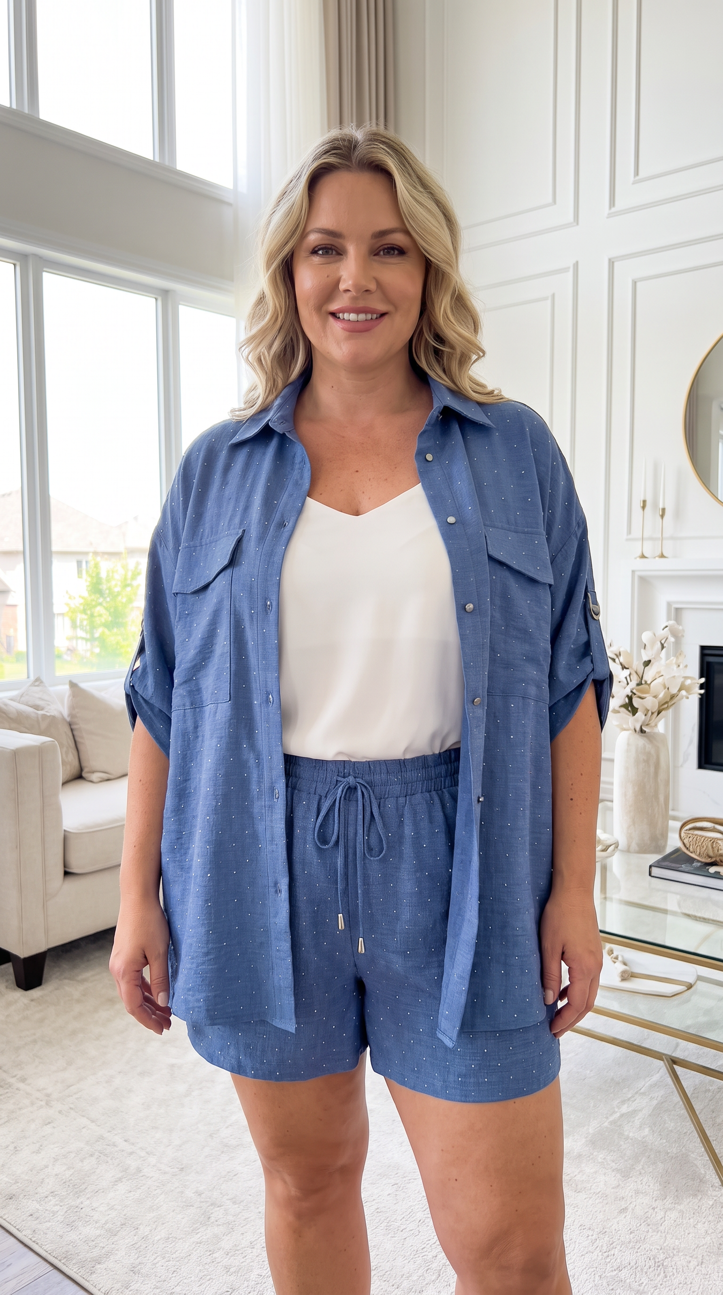 Plus Size Crystal Elegance Matching Short Set in Denim Blue