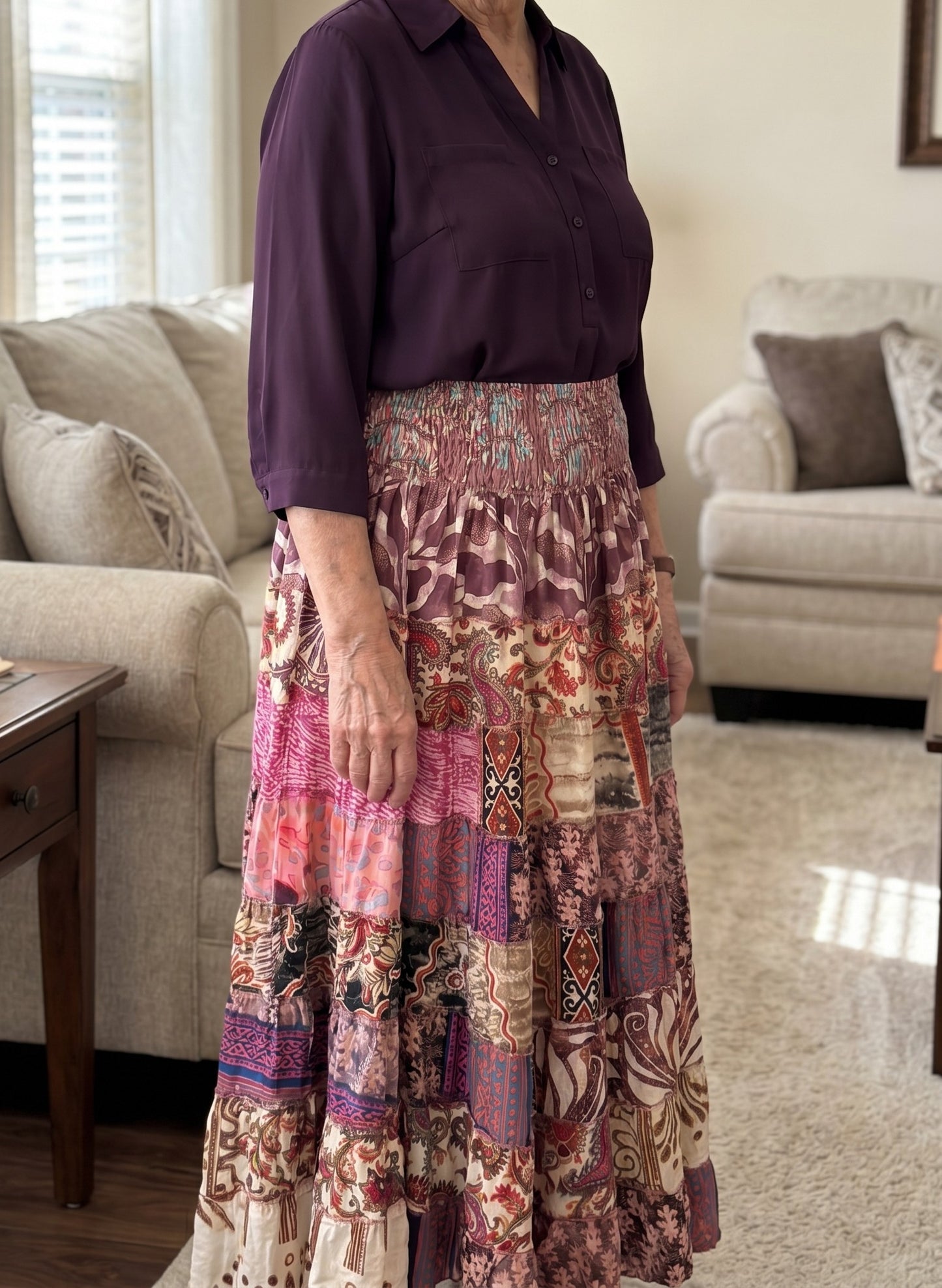 KH1 Karma Highway Bright Multicolor Patchwork Tiered Boho Maxi Skirt Pull on Smocked Waist Plus Size