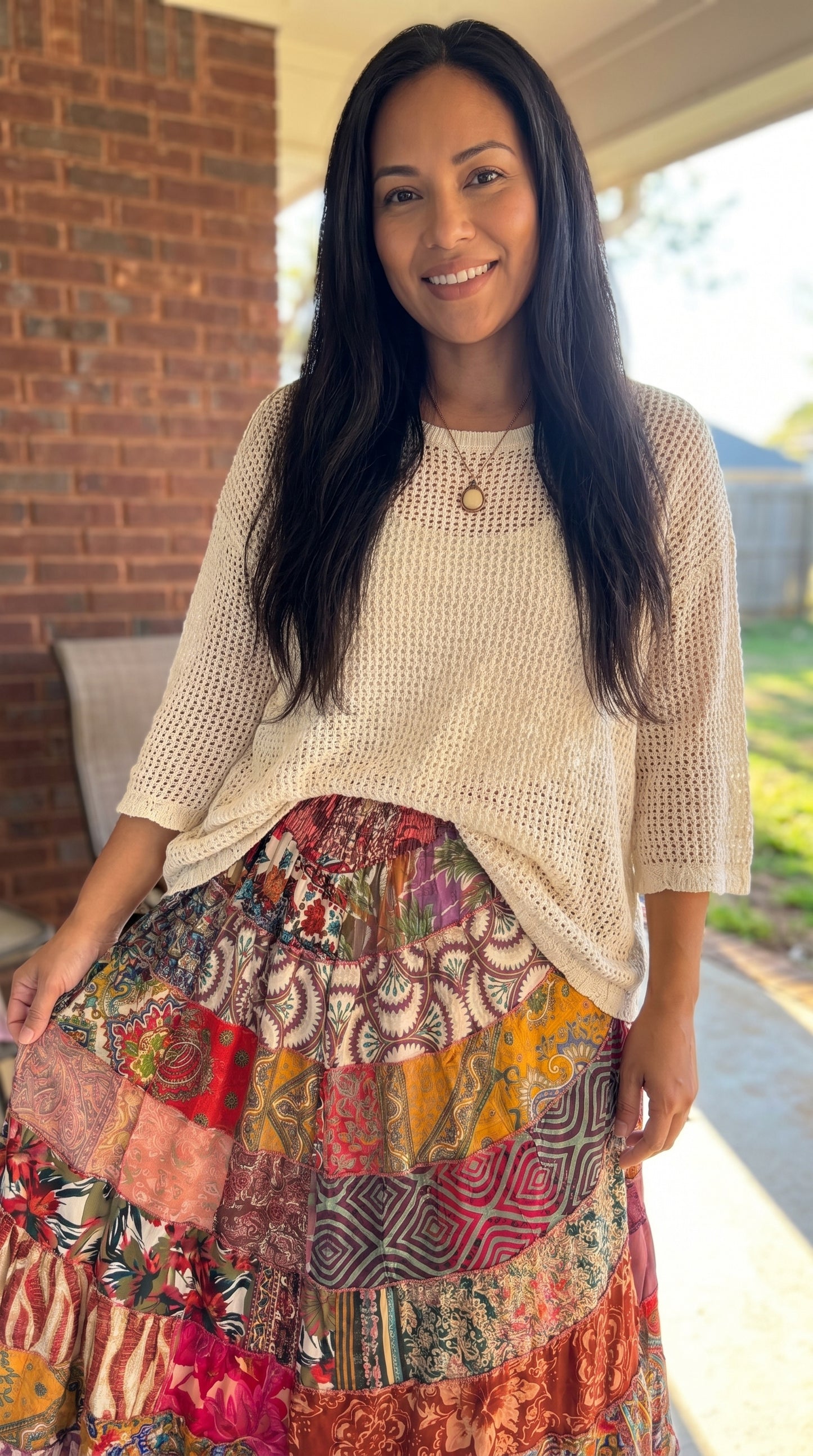 KH1 Karma Highway Bright Multicolor Patchwork Tiered Boho Maxi Skirt Pull on Smocked Waist Plus Size