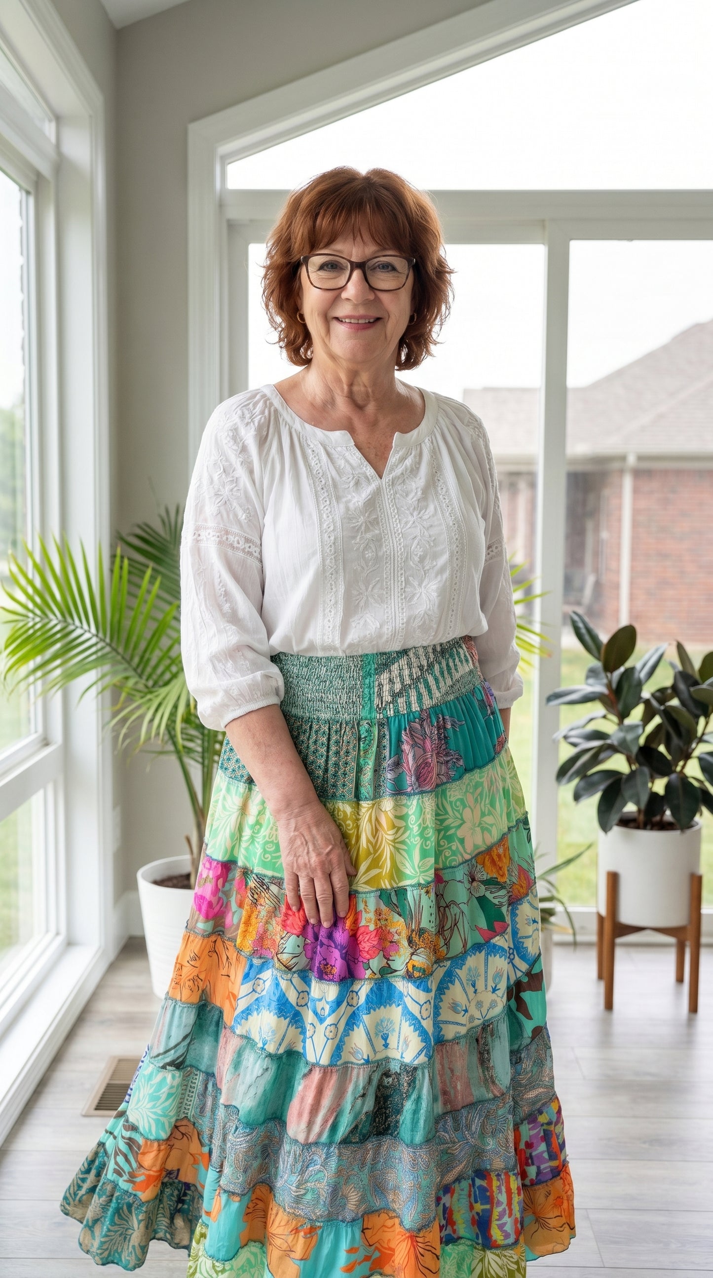 KH1 Karma Highway Bright Multicolor Patchwork Tiered Boho Maxi Skirt Pull on Smocked Waist Plus Size