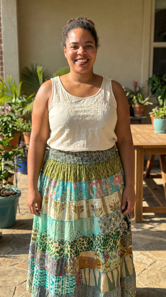 KH1 Karma Highway Bright Multicolor Patchwork Tiered Boho Maxi Skirt Pull on Smocked Waist Plus Size
