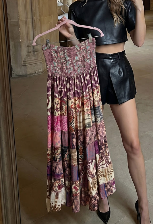 KH1 Karma Highway Bright Multicolor Patchwork Tiered Boho Maxi Skirt Pull on Smocked Waist Plus Size