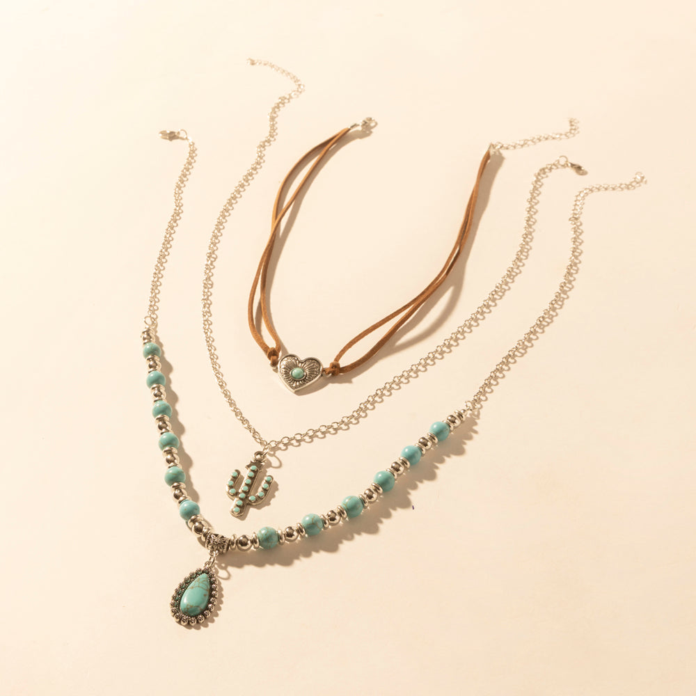 Myra Boho Mesa Layered Necklace for Women with turquoise bead and cactus pendant detail for western wear