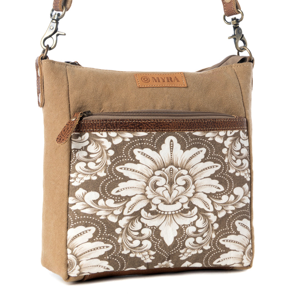 Myra Crestbloom Vintage Crossbody Bag for Women in olive with print detail