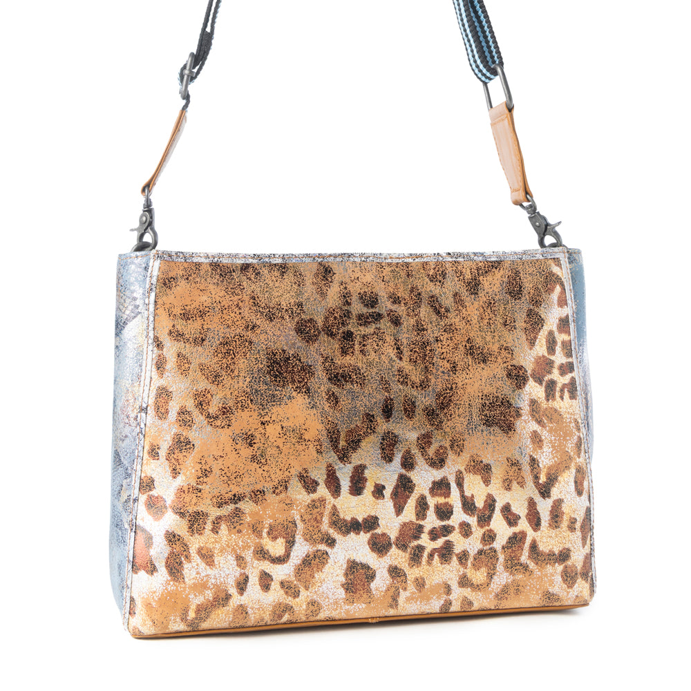 Myra Safari Glow Leather Bag for Women in Brown with metallic detail and shoulder strap