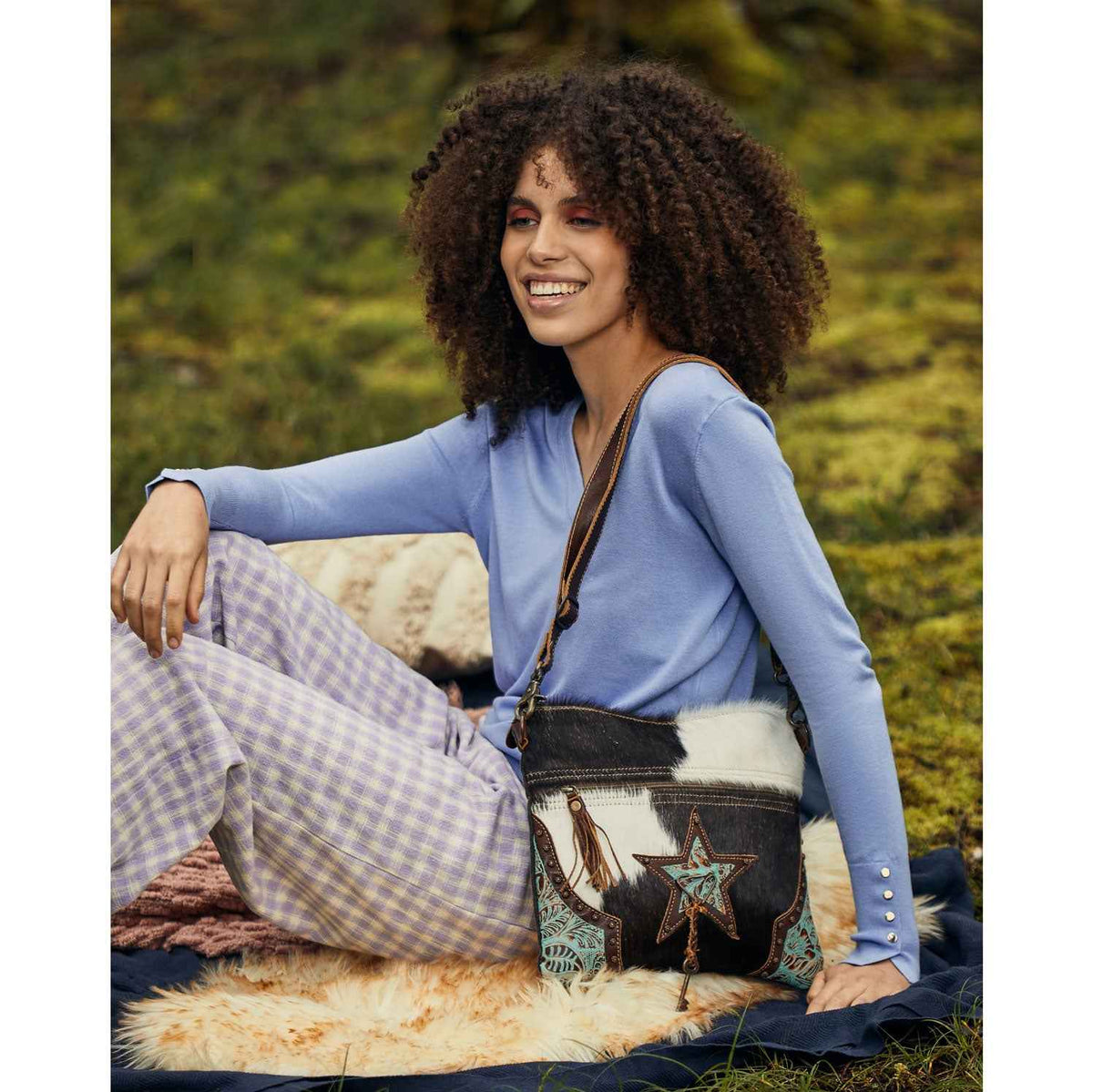 Myra North Star Bag for Women with hairon hide and embossed leather in black and white with adjustable detachable strap