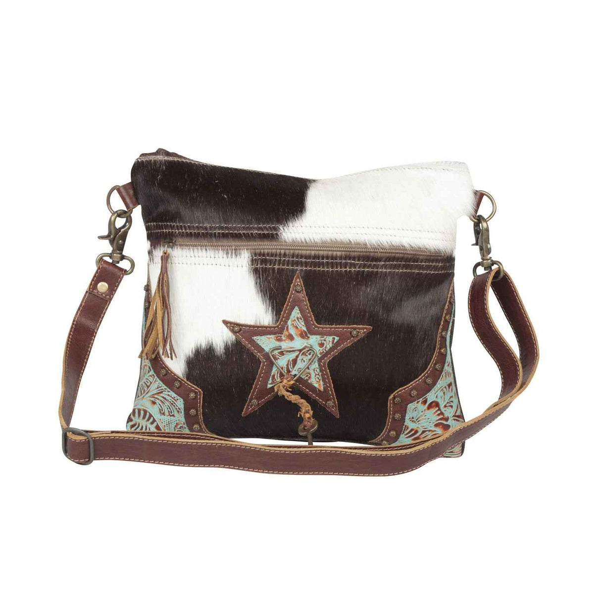 Myra North Star Bag for Women with hairon hide and embossed leather in black and white with adjustable detachable strap