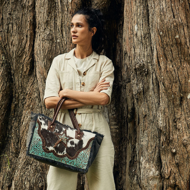 Myra Articulate Canvas and Hair-On Leather Bag for Women