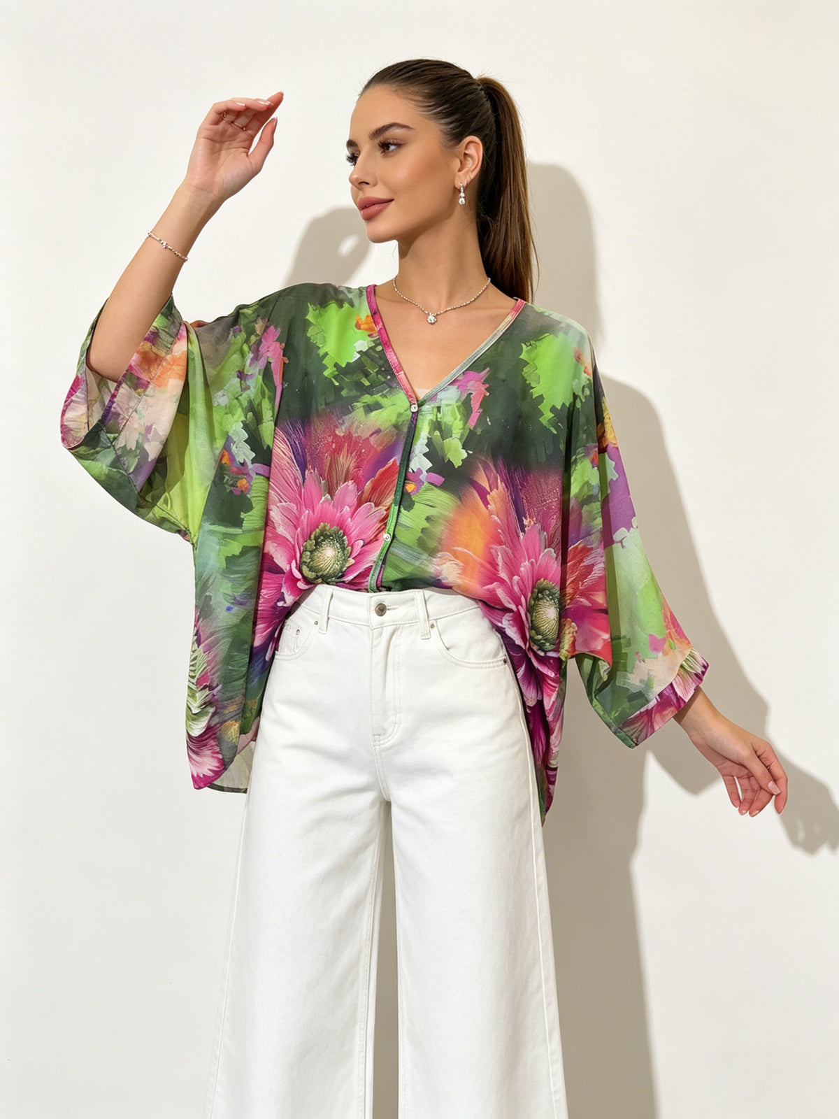 SO1 Italian LUXE Bright Floral Summer Blouse One Size Regular and Plus