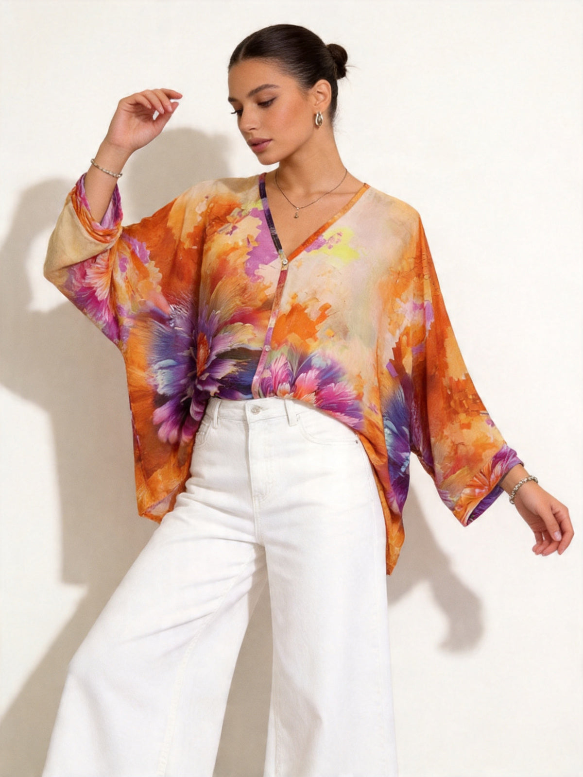 SO1 Italian LUXE Bright Floral Summer Blouse One Size Regular and Plus