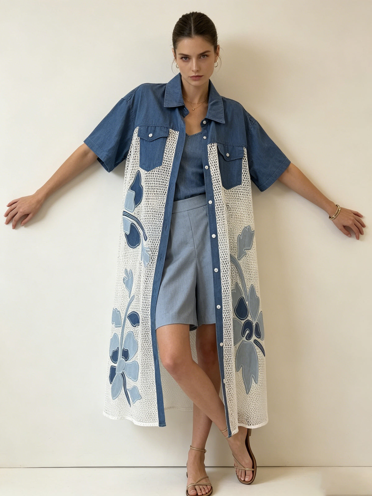 SO2 Italian Plus-size Denim Mesh Shirt Dress with Floral Patches