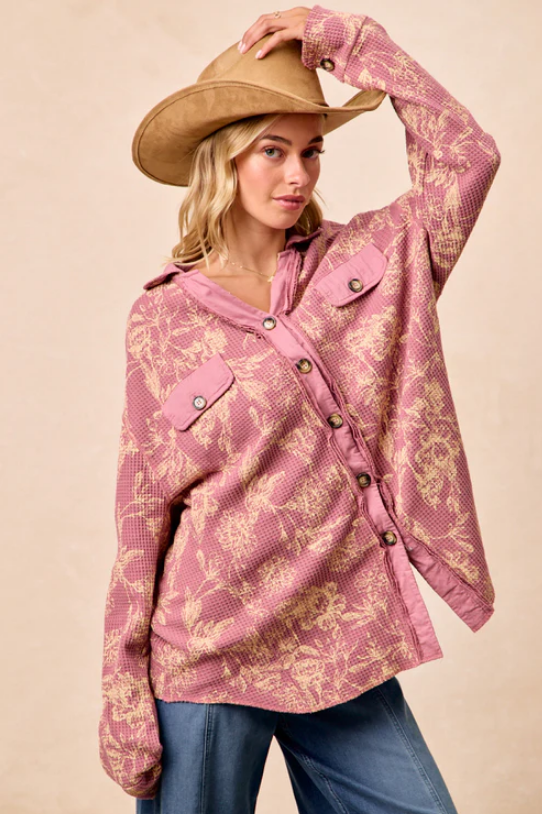 B4 BiBi OVERSIZED Floral Waffle Thermal Shacket in Berry