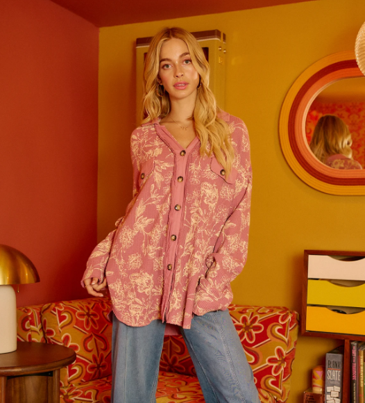 B4 BiBi OVERSIZED Floral Waffle Thermal Shacket in Berry