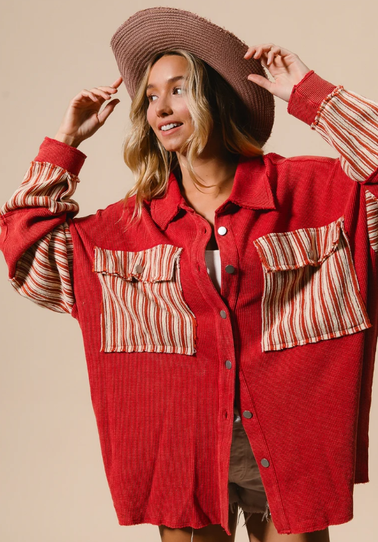 B2 BiBi OVERSIZED Thermal Knit Shacket in Crimson