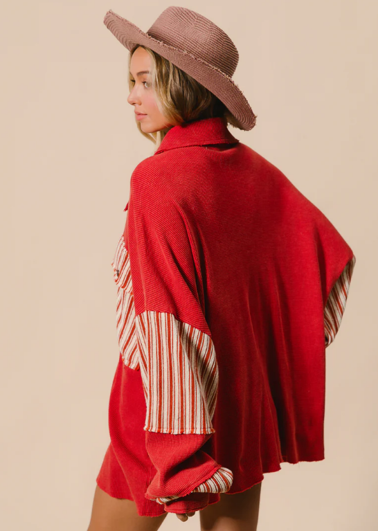 B2 BiBi OVERSIZED Thermal Knit Shacket in Crimson