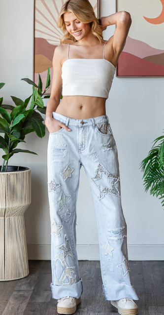 OH3 OLI & HALI BLUE WASHED STAR PATCHWORK DETAIL DENIM