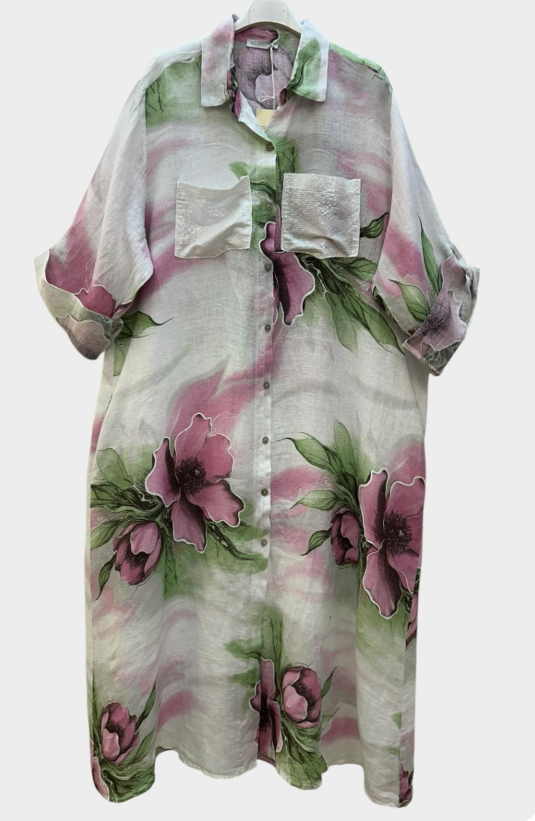 Italian Petals & Linen Dress Fits up to 2X