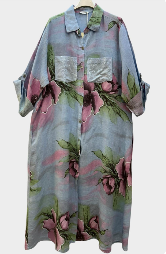 Italian Petals & Linen Dress Fits up to 2X