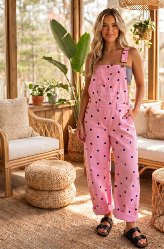 Polka Dot Print Bib Pocket Denim Barrel Overalls