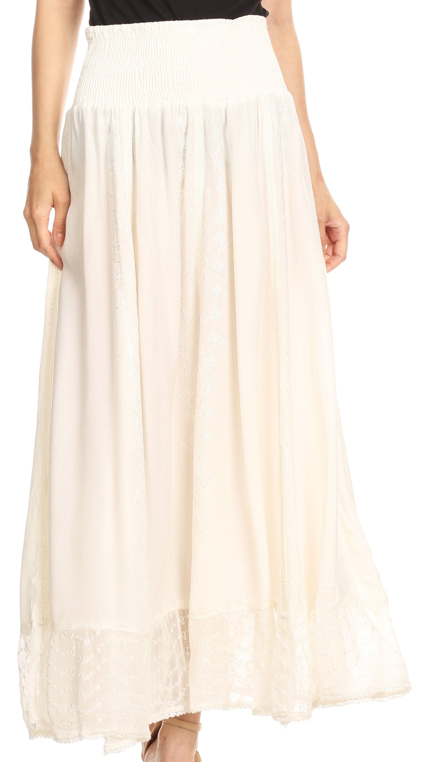 Sakkas Ines Womens Gypsy Maxi Bohemian Long Skirt With Elastic Smock Waist & Lace