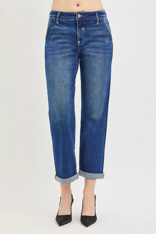 Slouchy Cropped Boyfriend Jeans with Cuffed Hem by Risen