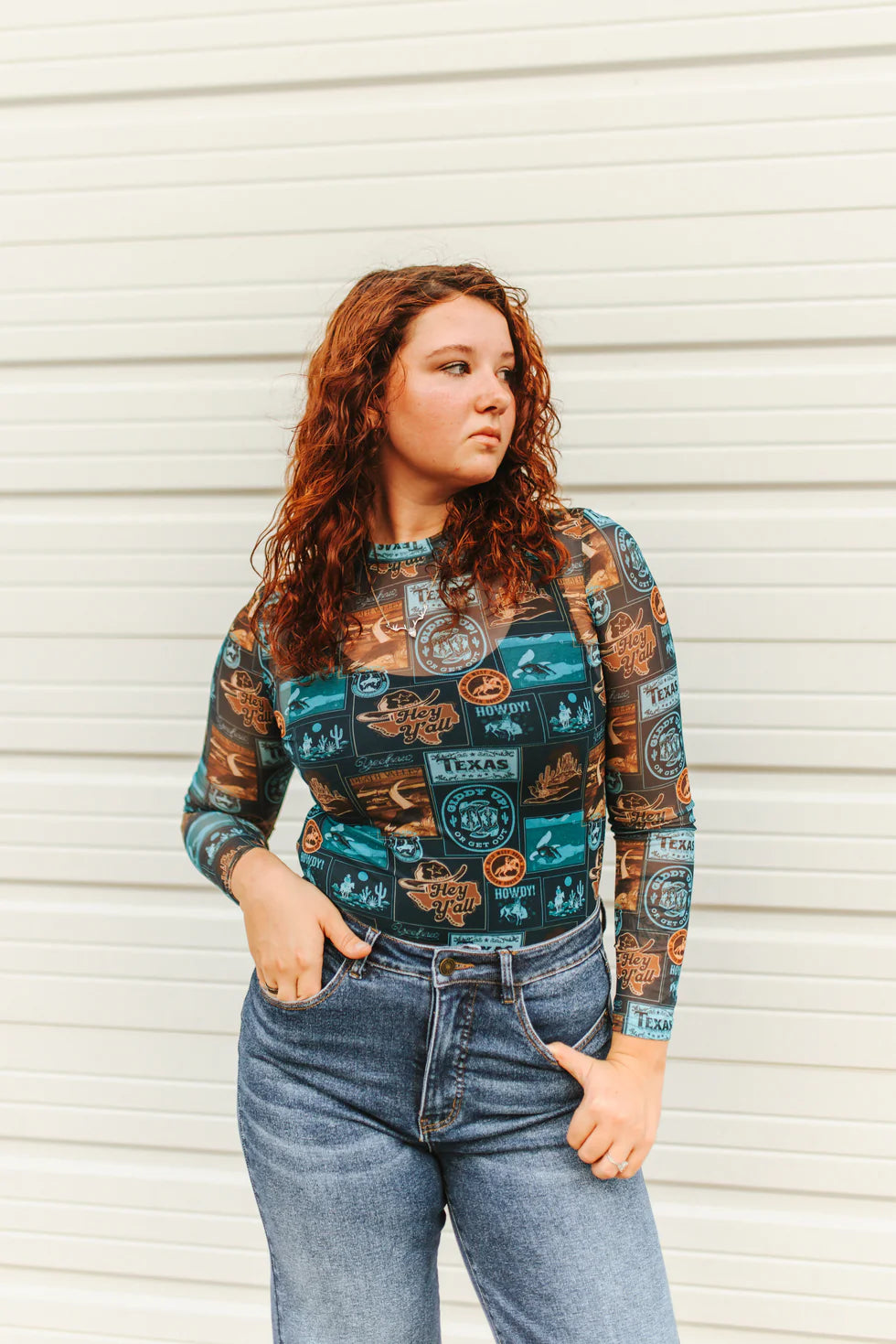LB2 Lucky & Blessed Turquoise Collage Western Printed Long Sleeve Mesh Top