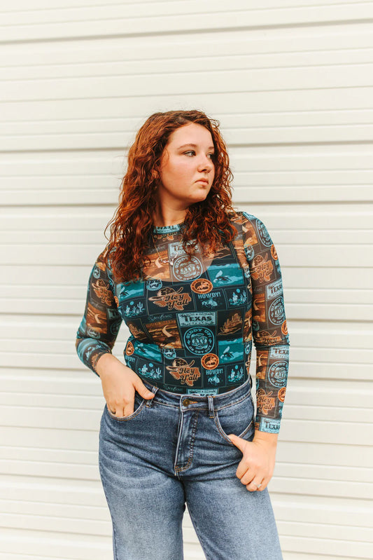LB2 Lucky & Blessed Turquoise Collage Western Printed Long Sleeve Mesh Top