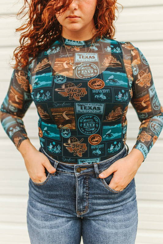 LB2 Lucky & Blessed Turquoise Collage Western Printed Long Sleeve Mesh Top