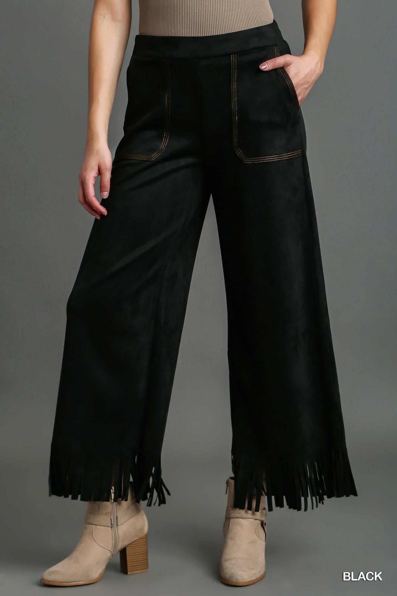 U10 Umgee Black Faux Suede Fringe Pants