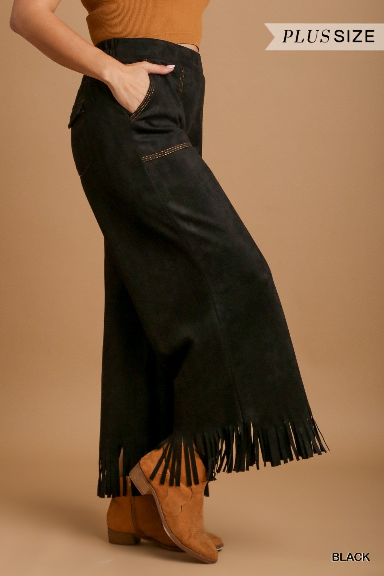 U10 Umgee Black Faux Suede Fringe Pants