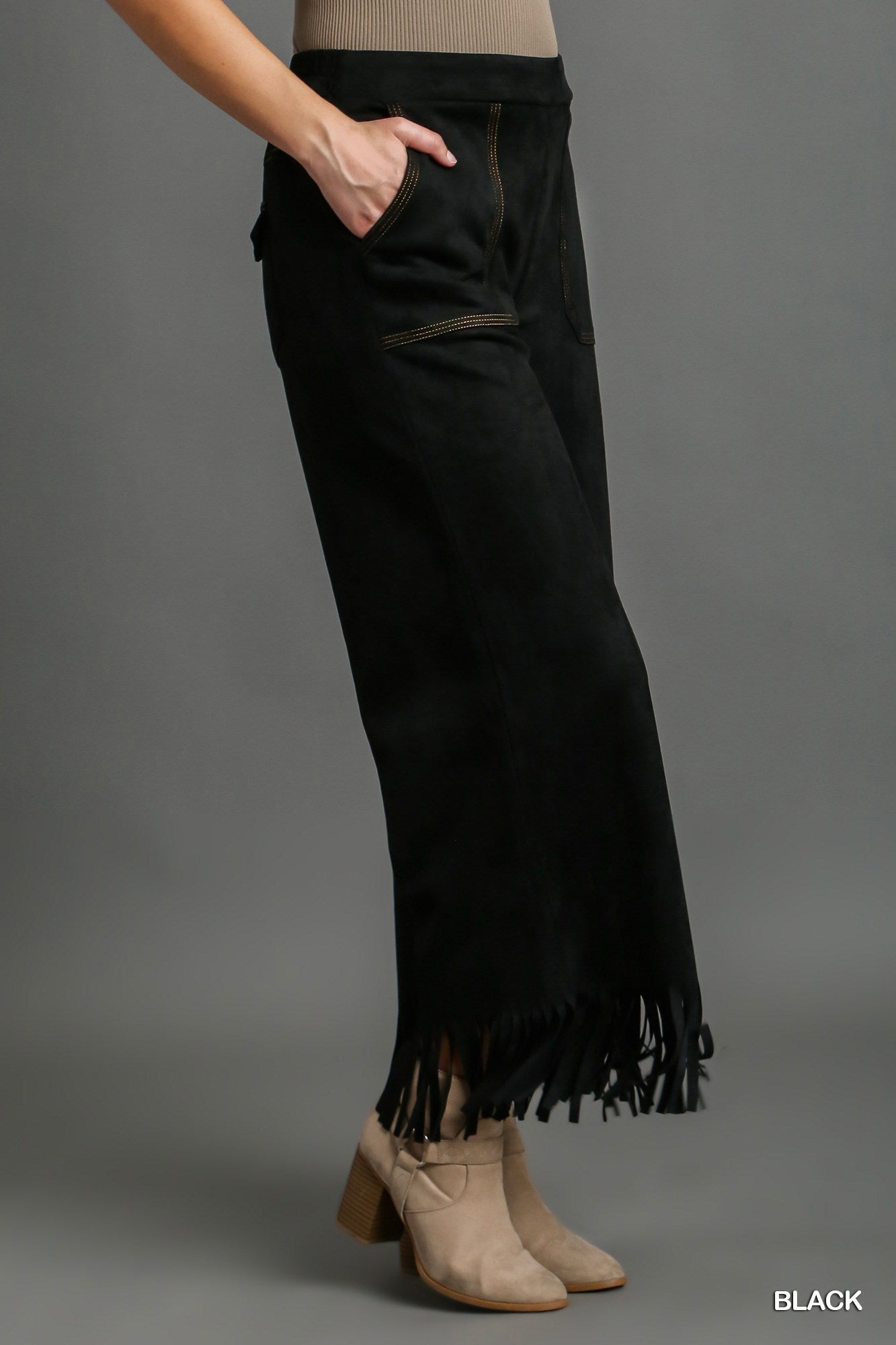 U10 Umgee Black Faux Suede Fringe Pants