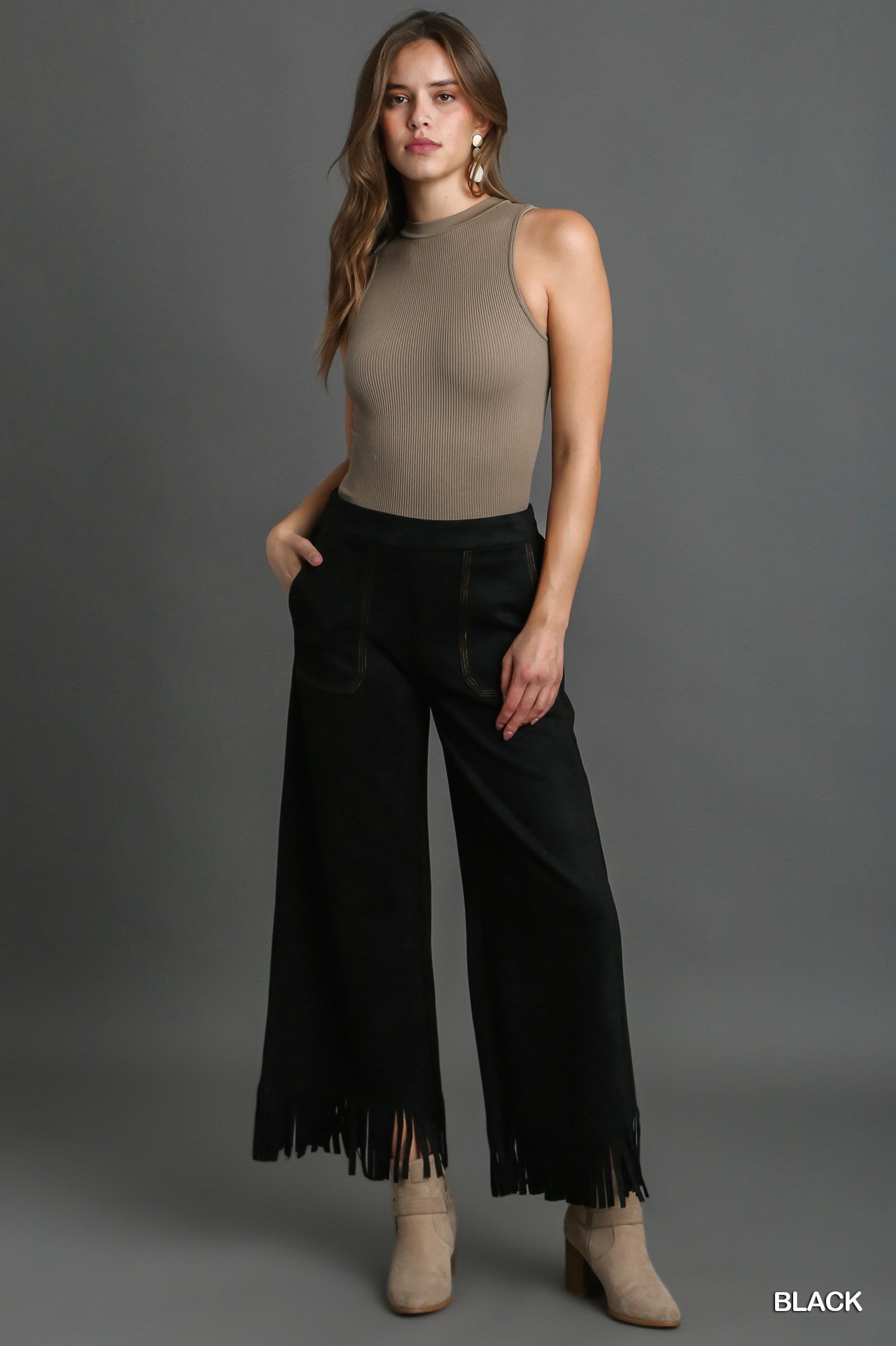 U10 Umgee Black Faux Suede Fringe Pants