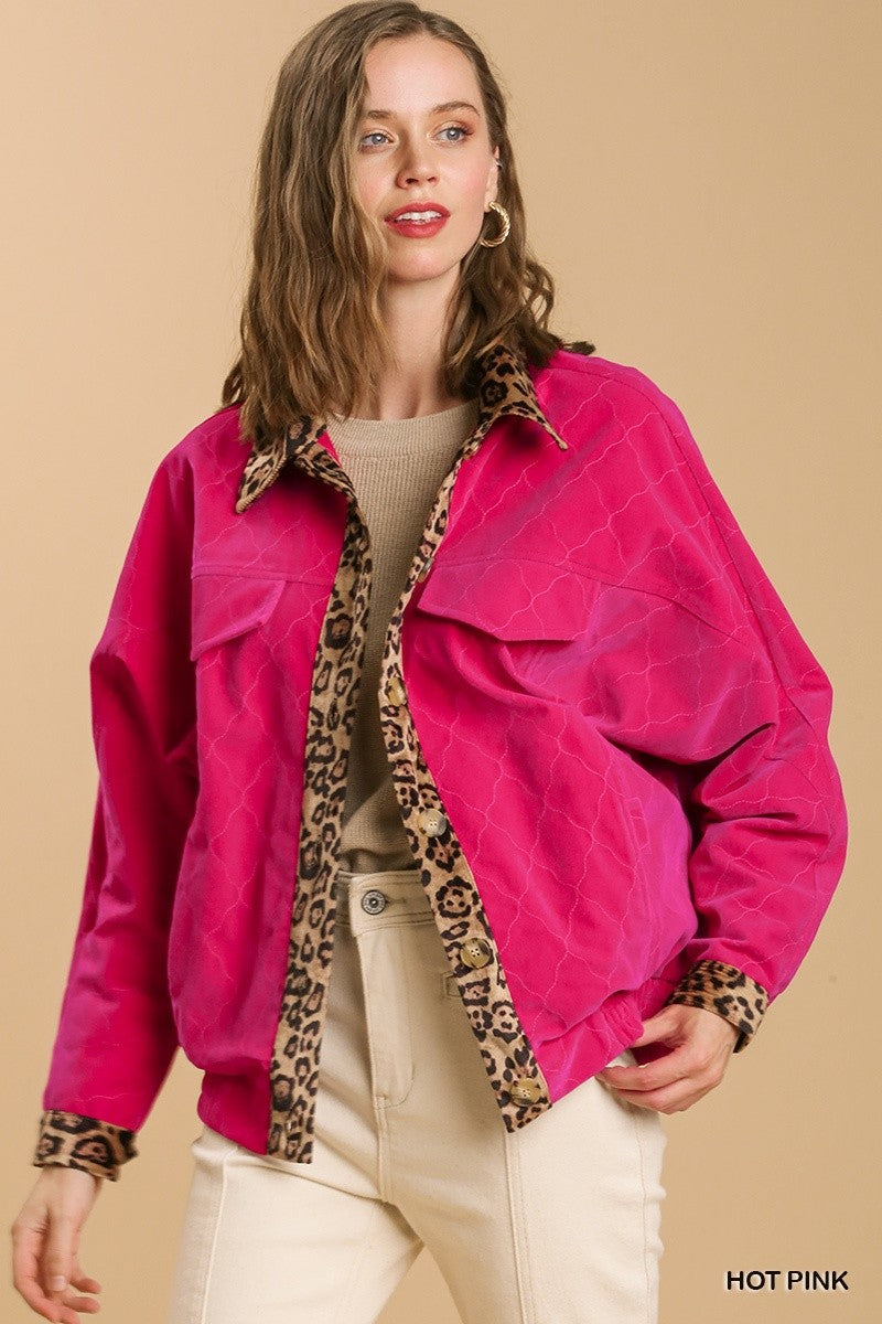 U8 Umgee Hot Pink Velvet Jacket with Leopard Trim