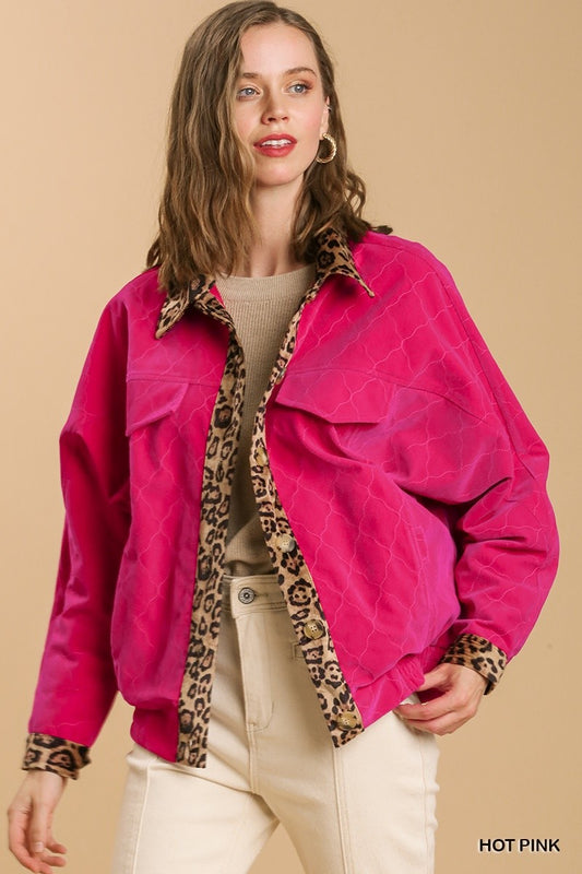 U8 Umgee Hot Pink Velvet Jacket with Leopard Trim
